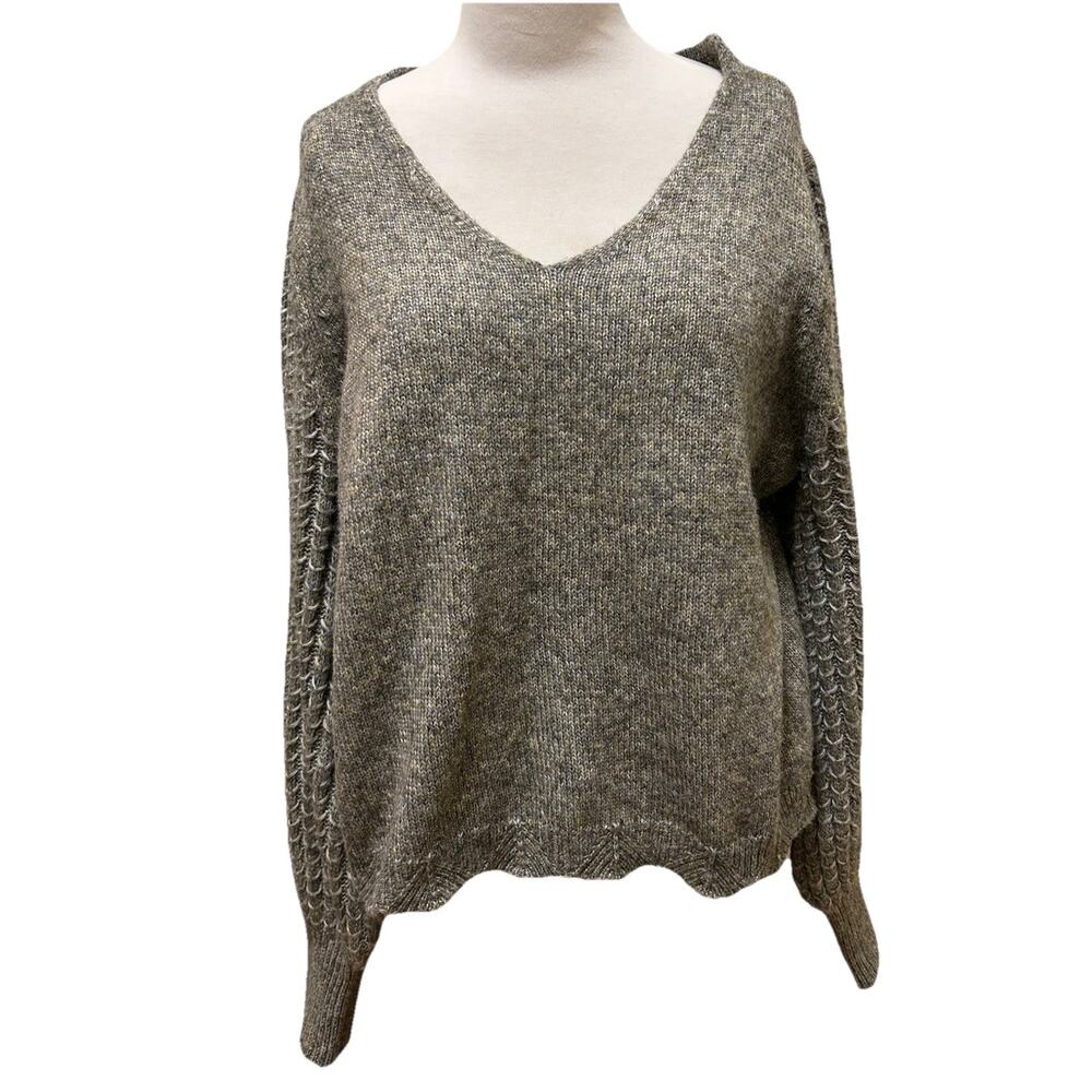 NWT Frye Gray Wool Blend V-Neck Sweater Woven Balloon Sleeve Chunky Knit - L